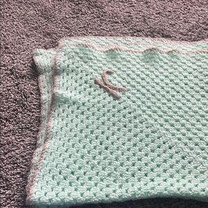Mint Green Knit Baby Blanket with Brown Trim